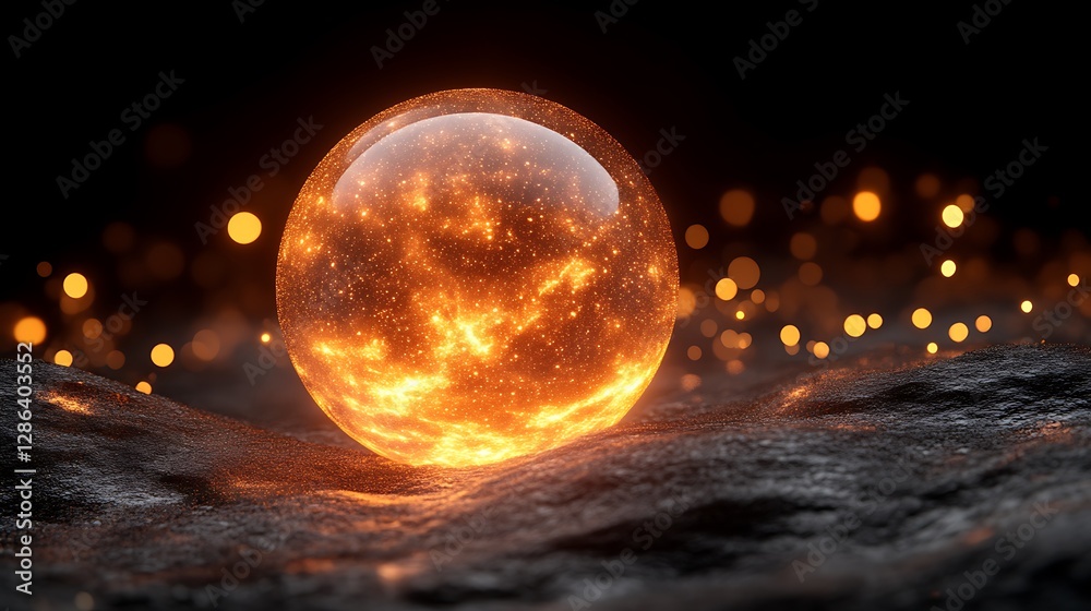 Glowing Orb on Textured Surface with Bokeh Lights Against a Dark Background