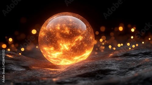 Obraz na płótnie Glowing Orb on Textured Surface with Bokeh Lights Against a Dark Background w salonie