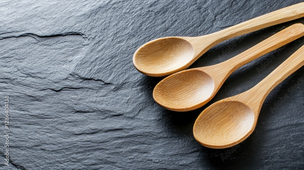 Bamboo spoons resting on dark stone surface close-up shot filtered sunlight highlighting grain elegant kitchen decor Bamboo spoons resting on dark stone surface close-up shot filtered sunlight highlighting grain elegant kitchen decor
