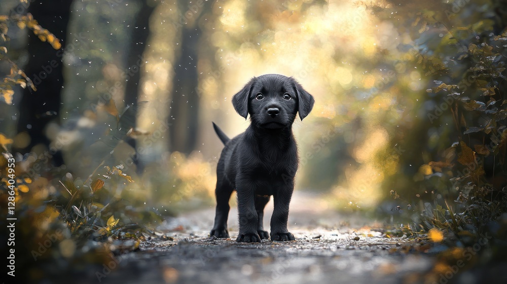 Adorable Black Labrador Puppy in Autumn Forest Adorable Black Labrador Puppy in Autumn Forest