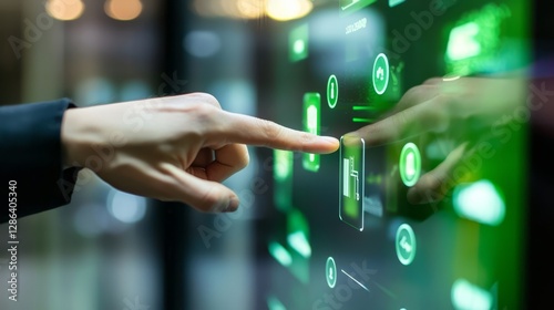 Close-up view of touchscreen management in a sustainable workspace.