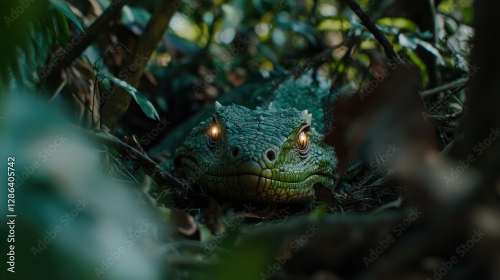 Fototapeta premium Close-up of a green frog camouflaged in dense foliage, with glowing eyes and natural habitat details