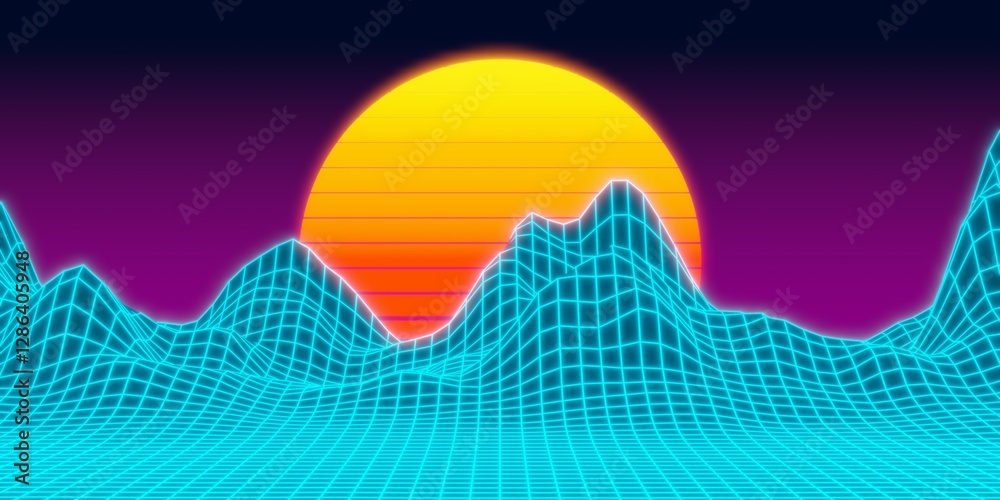 custom made wallpaper toronto digitalRetro glowing neon landscape geometry grid with mountains, sunset and gradient purple sky, synthwave or retrowave 80s minimal geometric background