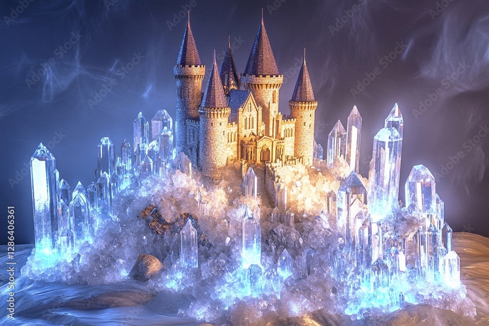 Fototapeta premium Majestic castle surrounded by towering crystal formations on a misty mountaintop