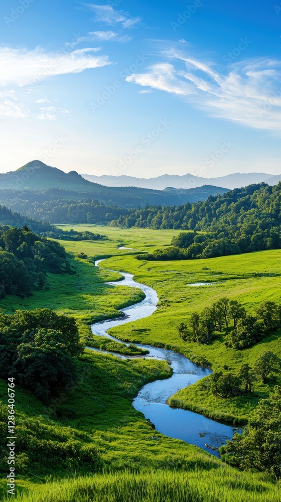 Fototapeta premium Ecological impact of pristine nature serene landscape morning light lush green valleys peaceful river scenic view