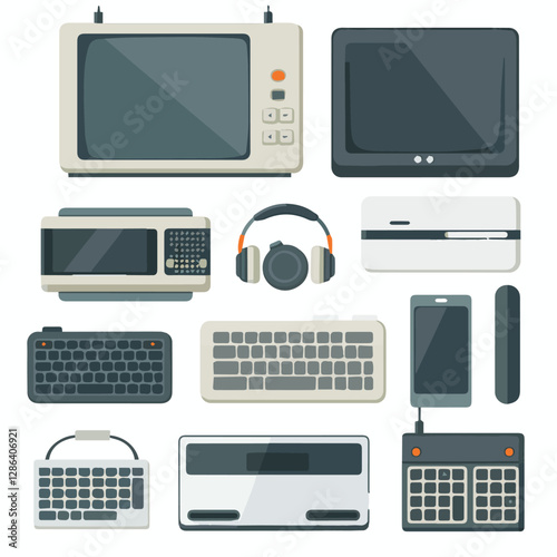 gadget, device, technology, background, modern, digital, vector, 3d, illustration, phone, electronic, mobile, headphones, wireless, equipment, headphone, headset, computer, design, object, hardware, s