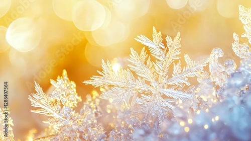 Macro Snowflake Winter Background with Golden Bokeh Lights Holiday Season