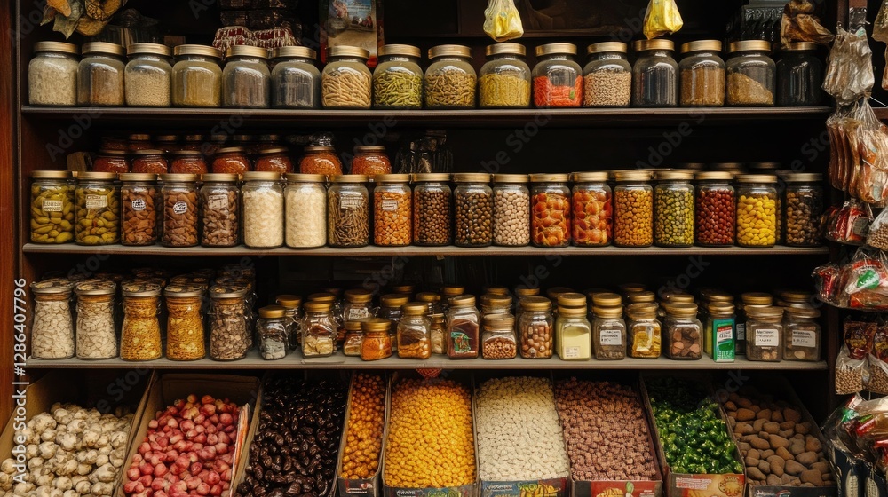 Colorful Spice Jars and Grains Displayed on Wooden Shelves Colorful Spice Jars and Grains Displayed on Wooden Shelves