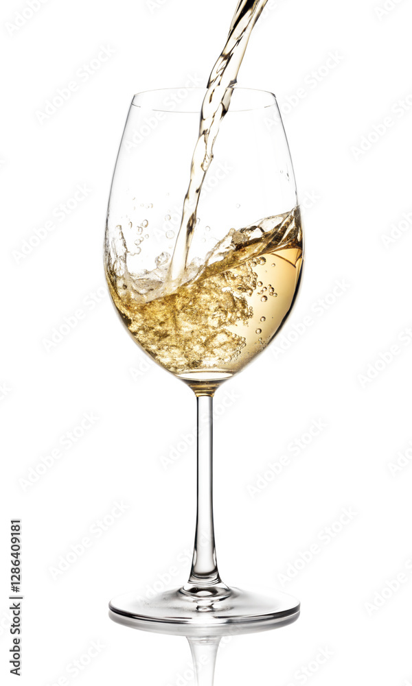 A stream of white wine being poured into a transparent glass, isolated on white background, elegant beverage with bubbles and reflections A stream of white wine being poured into a transparent glass, isolated on white background, elegant beverage with bubbles and reflections