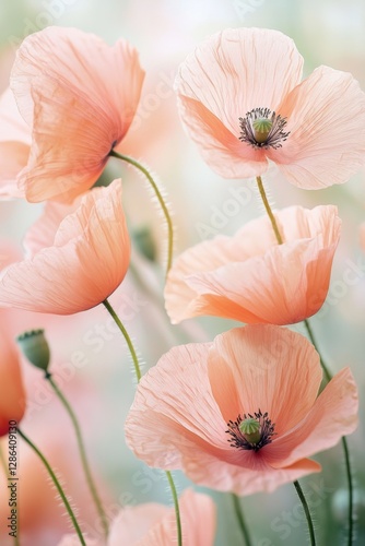 Close-up of delicate pastel poppies in soft pink and orange tones. A dreamy floral composition with gentle lighting, perfect for nature, romance, and botanical themes.