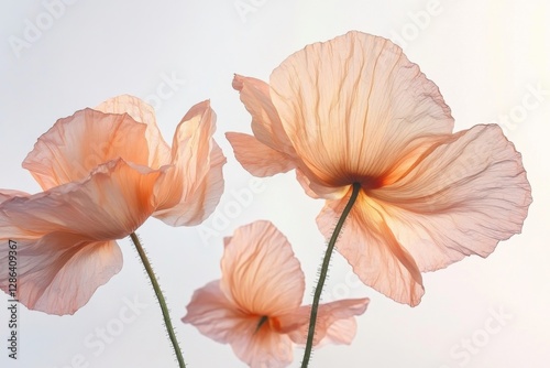 Close-up of delicate pastel poppies in soft pink and orange tones. A dreamy floral composition with gentle lighting, perfect for nature, romance, and botanical themes.