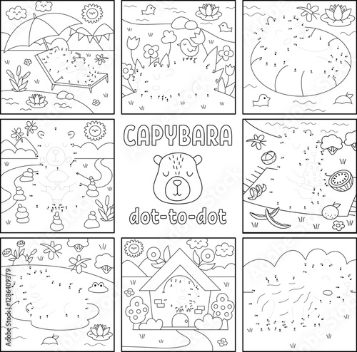 Vector line capybara dot-to-dot and color activity set with animal sunbathing, meditating, relaxing. Capibara black and white connect the dots game, coloring page for children