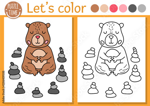Capybara coloring page for children with cute animal meditating in rock garden. Vector capibara outline illustration. Color book for kids with colored example. Drawing skills printable worksheet