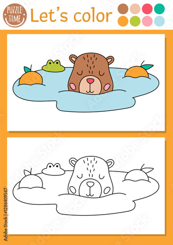 Capybara coloring page for children with cute animal swimming in pond. Vector capibara outline illustration. Color book for kids with colored example. Drawing skills printable worksheet