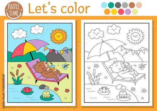 Capybara coloring page for children with cute scene, animal sunbathing under umbrella. Vector capibara outline illustration. Color book for kids with colored example. Drawing printable worksheet