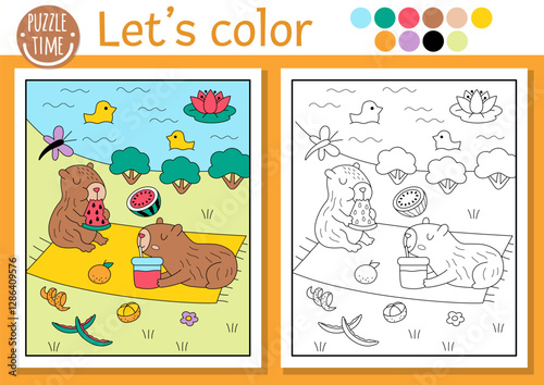 Capybara coloring page for children with cute scene, animals having picnic. Vector capibara outline illustration. Color book for kids with colored example. Drawing skills printable worksheet