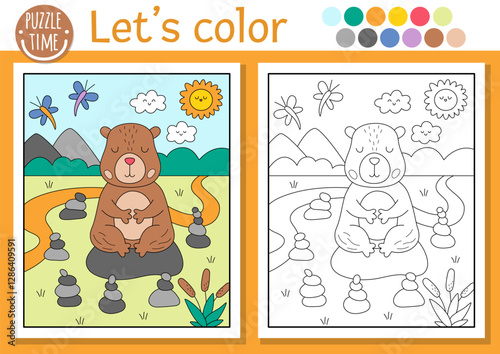Capybara coloring page for children with scene, animal meditating in stone garden. Vector capibara outline illustration. Color book for kids with colored example. Drawing printable worksheet