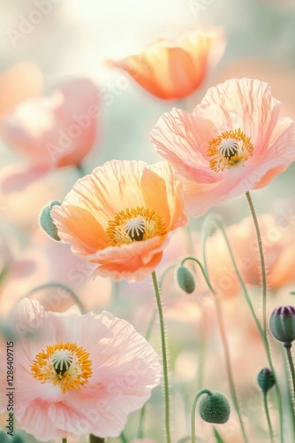Close-up of delicate pastel poppies in soft pink and orange tones. A dreamy floral composition with gentle lighting, perfect for nature, romance, and botanical themes.