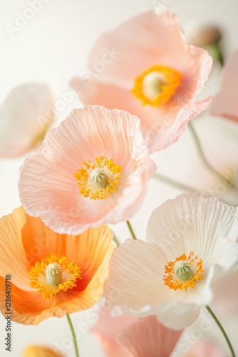 Close-up of delicate pastel poppies in soft pink and orange tones. A dreamy floral composition with gentle lighting, perfect for nature, romance, and botanical themes.