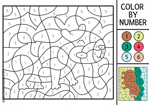 Vector capybara color by number activity with animal on natural background. Nature landscape scene. Black and white counting game. Coloring page for kids with cute capybara
