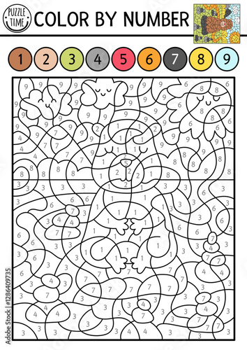 Vector capybara color by number activity with animal meditating in stone garden. Nature landscape scene. Black and white counting game. Coloring page for kids with cute capybara