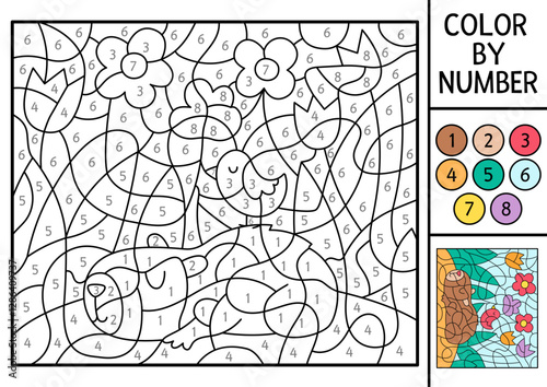 Vector capybara color by number activity with animal sleeping in flower garden. Nature landscape scene. Black and white counting game. Coloring page for kids with cute capybara