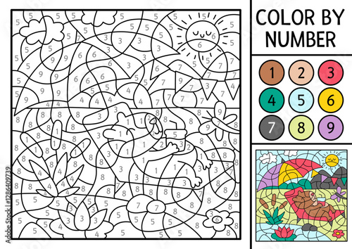 Vector capybara color by number activity with animal sunbathing under umbrella by water. Nature landscape scene. Black and white counting game. Coloring page for kids with cute capybara