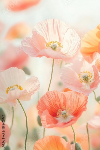 Close-up of delicate pastel poppies in soft pink and orange tones. A dreamy floral composition with gentle lighting, perfect for nature, romance, and botanical themes.