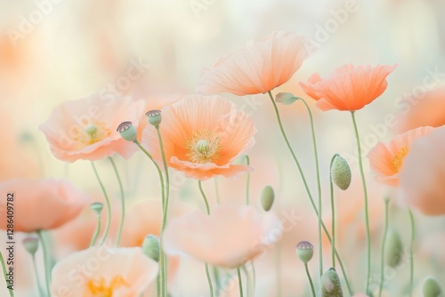 Close-up of delicate pastel poppies in soft pink and orange tones. A dreamy floral composition with gentle lighting, perfect for nature, romance, and botanical themes.
