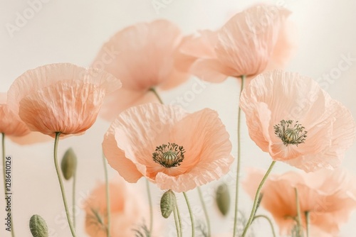 Close-up of delicate pastel poppies in soft pink and orange tones. A dreamy floral composition with gentle lighting, perfect for nature, romance, and botanical themes.