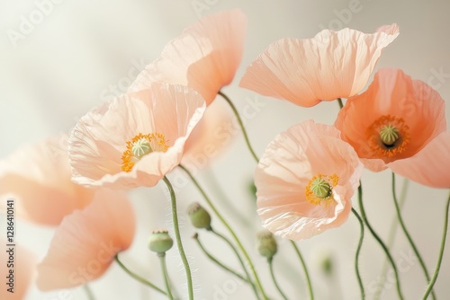 Close-up of delicate pastel poppies in soft pink and orange tones. A dreamy floral composition with gentle lighting, perfect for nature, romance, and botanical themes.