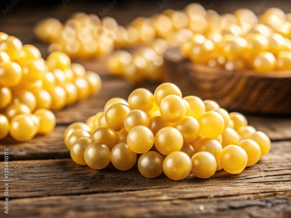 Golden Beeswax Pearls: Natural Beauty, Warm Wooden Table, Close-up Food Photography Golden Beeswax Pearls: Natural Beauty, Warm Wooden Table, Close-up Food Photography