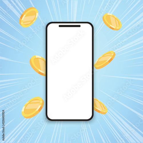 A smartphone with a blank screen is surrounded by golden coins on a bright blue background, symbolizing digital payments, online transactions, or mobile earnings.