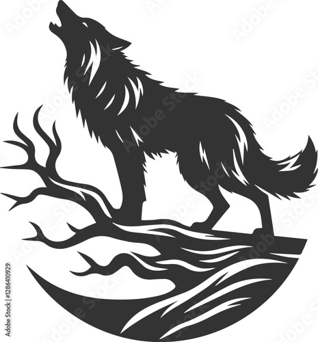 A wolf howling while standing on a twisted, dead tree branch animal vector silhouette