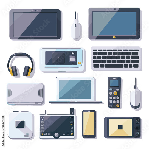gadget, device, technology, background, modern, digital, vector, 3d, illustration, phone, electronic, mobile, headphones, wireless, equipment, headphone, headset, computer, design, object, hardware, s