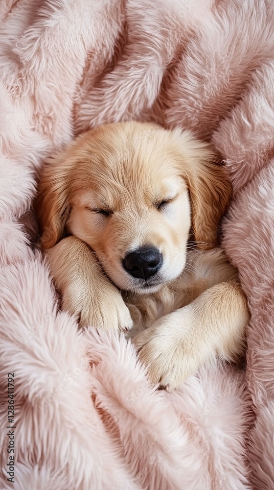 Sweet Dreams: A golden retriever puppy, curled up in a pink fluffy blanket, drifts into a peaceful sleep. Capture the heartwarming charm of this adorable canine friend, nestled comfortably Sweet Dreams: A golden retriever puppy, curled up in a pink fluffy blanket, drifts into a peaceful sleep. Capture the heartwarming charm of this adorable canine friend, nestled comfortably