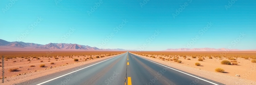 Deserted highway stretches under endless blue sky, open road, barren land, desert Deserted highway stretches under endless blue sky, open road, barren land, desert