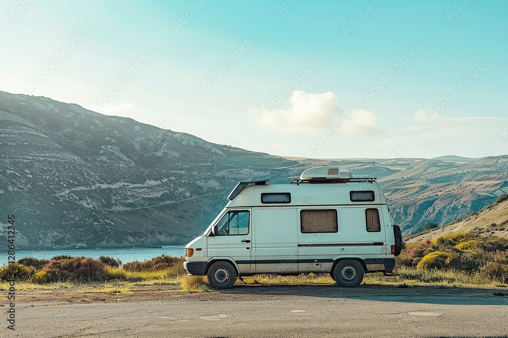 Obraz premium Holiday trip on large family motorhome for holiday in beautiful natural nature, abstract vivid composition consists of fictional unreal fantastic vision on background