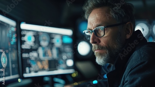 Man wearing glasses is looking at a computer monitor with a frown on his face