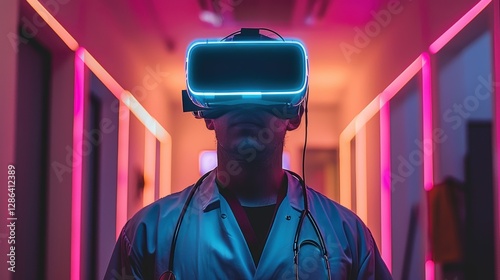 Man wearing a white lab coat stands in a brightly lit room with a virtual real
