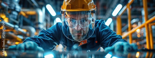 Man in a yellow helmet and goggles is looking down at a piece of machinery