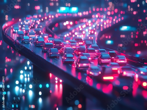 Night City Traffic Jam Highway Cars Neon Lights