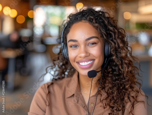 Woman with curly hair is smiling and wearing a headset