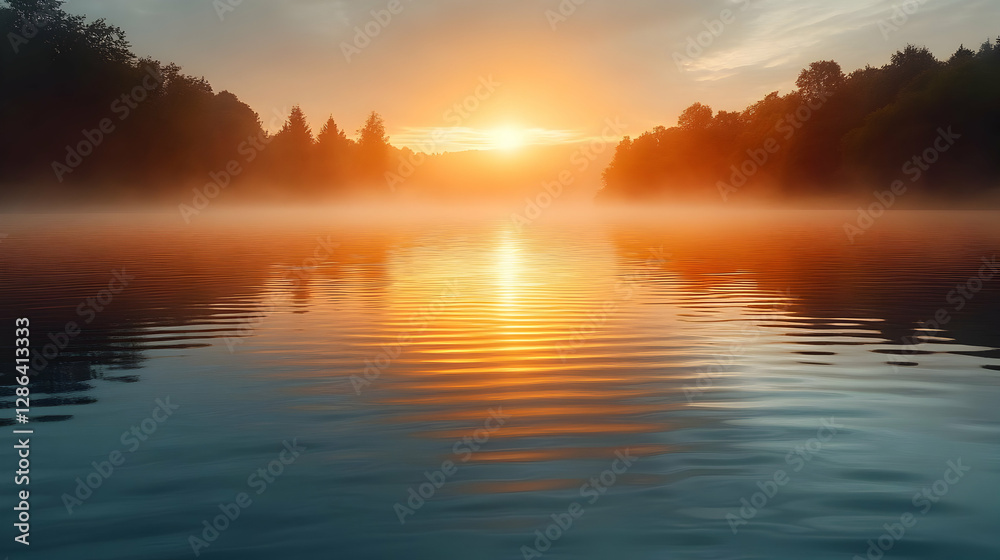 Naklejka premium Sunrise On Calm River With Mist
