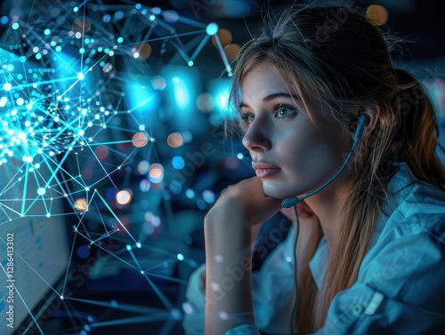 Woman wearing a headset is looking at a computer screen with a blue background