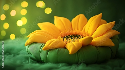 Baby lounger in the shape of a soft sunflower with vibrant yellow petals on green lights background