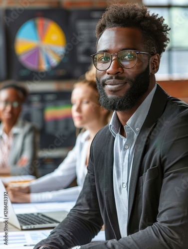 Man with glasses and a beard is sitting at a table with other people