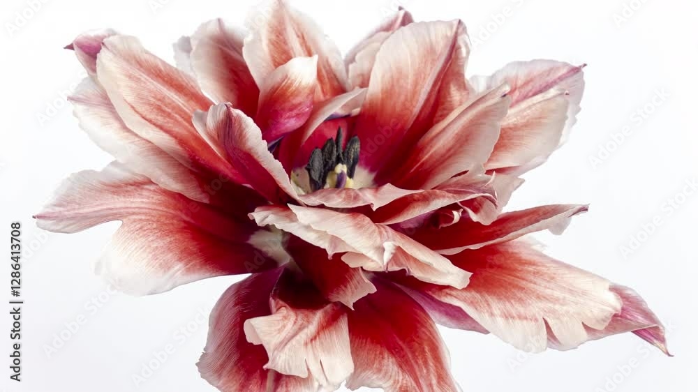 Time lapse of red tulip flower blooming on white background, Valentines Day, Mothers Day concept. Holiday, love, birthday design backdrop