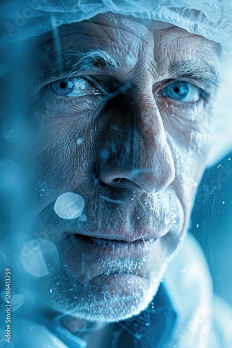 Man with blue eyes and a white lab coat