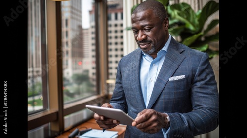 Man in a suit is looking at a tablet